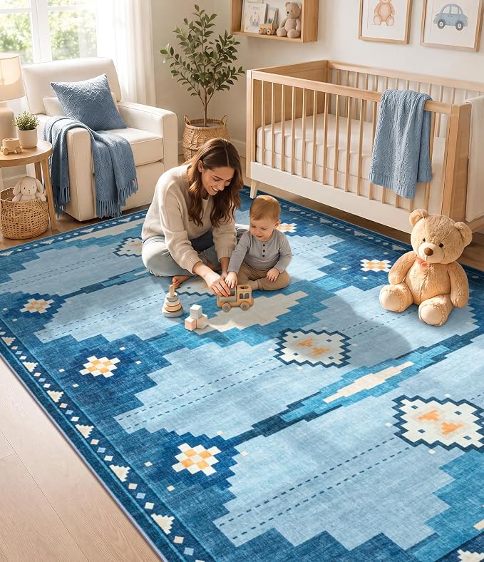 6'x9' Washable Area Rug for Living Room, Mid Century Modern Blue Rug | Soft, Non-Slip, Geometric Coastal Aztec Design, for Bedroom Dining Nursery Room Playroom, Low Pile, Pet Friendly
