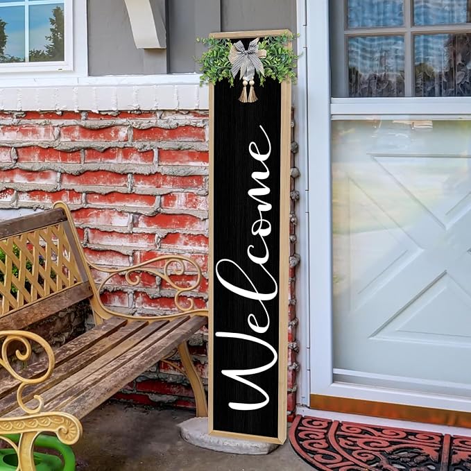 Welcome Cursive Sign for Front Porch Standing 45"X9" Tall Large Vertical Leaner Wood Framed Outdoor Wall Decor (Wood Black)