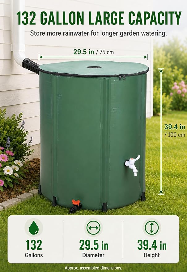 132 Gallon Collapsible Rain Barrel, Rain Water Collection Barrel System Kit, Collapsible Water Tank with 2 Spigots and Overflow Kit, Portable Rain Water Catcher for Garden, Green