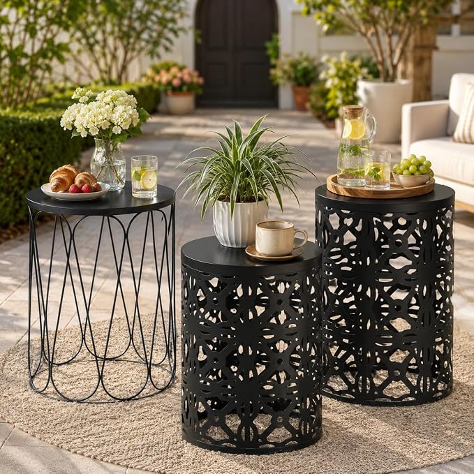 Y&M Outdoor Side Tables Set of 3, Round Metal Stacking Patio Side Tables, Indoor & Outdoor End Tables, Decorative Garden Stool Plant Stand for Patio, Garden, Balcony, Porch, Black