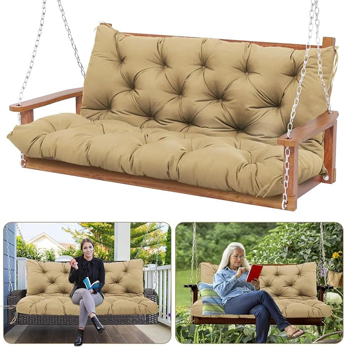 Porch Swing Cushions Waterproof Khaki Outdoor Swing Cushions 2-3 Seater Thicken 5" Patio Swing Cushion with Backrest 40 ×40" Swing Replacement Cushion for Outdoor Furniture