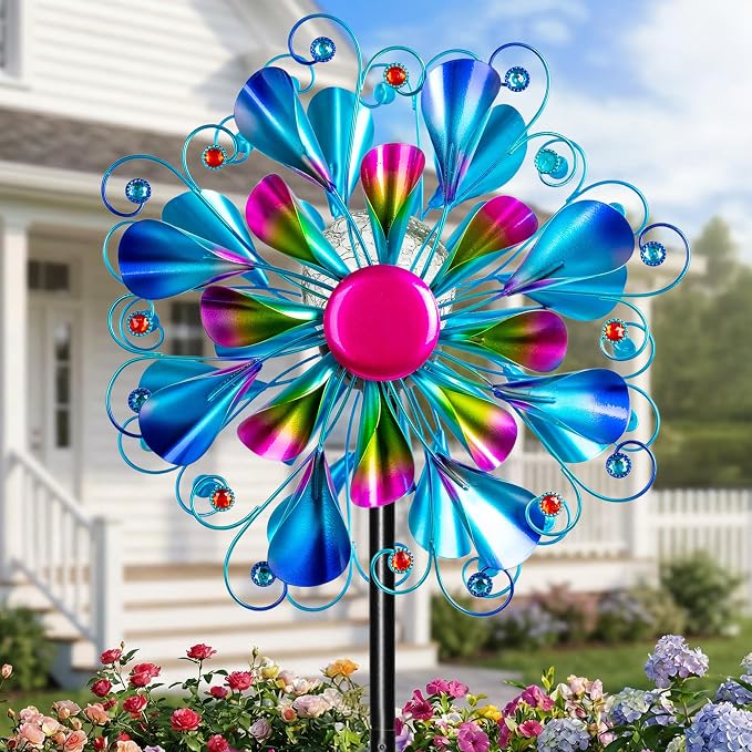 60'' Wind Spinner with Color Glass Ball Solar Lights, Blue Peacock Feathers Metal Garden Outdoor Decor Yard Lawn Art Decor for Patio Kinetic Windmills Unique Gifts for Friends and Family