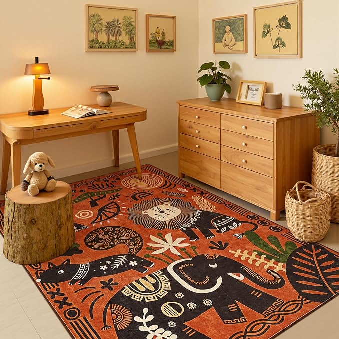 jinchan 5x7 Cute Area Rug Kids Washable Fun Rug Terracotta Boho Jungle Mat | Soft, Cozy, Non-Slip, Kid-Friendly, Safari, Lightweight, Entryway, Kitchen, Dorm, Bedroom, Living Room, Playroom, Nursery