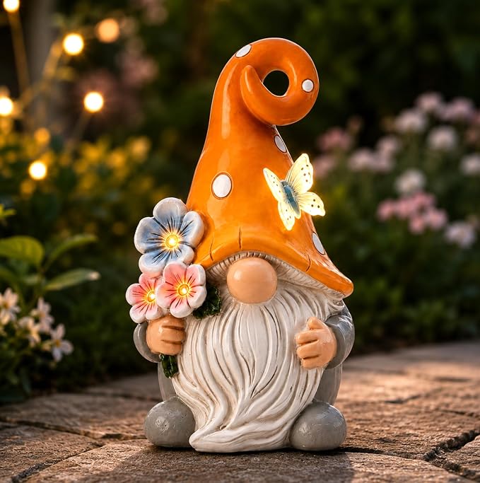 Solar Garden Gnome Statue: Outdoor Figurine with Flower Light | IP65 Waterproof Resin, LED Lighted Butterfly, Yard Lawn Porch Balcony Patio Home Decor, Gifts for Mom Women Grandma