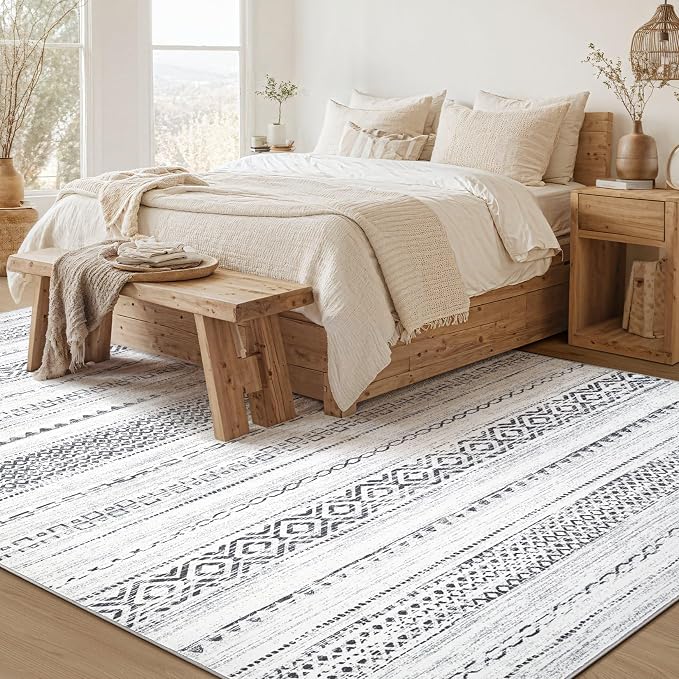 kakania Washable 9x12 Area Rug for Living Room: Boho Geometry Home Decor | Soft Stain Resistant, Low-Pile, Non-Slip, Pet & Kid Friendly, Thin Rug for Bedroom/Dining Room/Kids Dorm - Square Grey