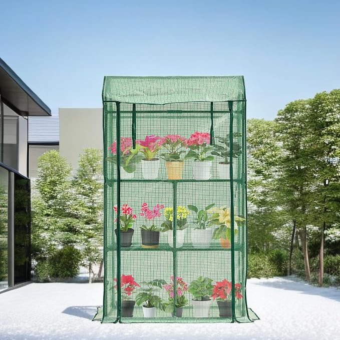Purlyu Mini Greenhouse for Indoor Outdoor, Small Plastic Plant Green House Rack Stand Portable Greenhouses with Durable PE Cover for Seedling 60 "x 35"x 16",20 Pcs T-Type Plant Tags Include（PLGH4053G）