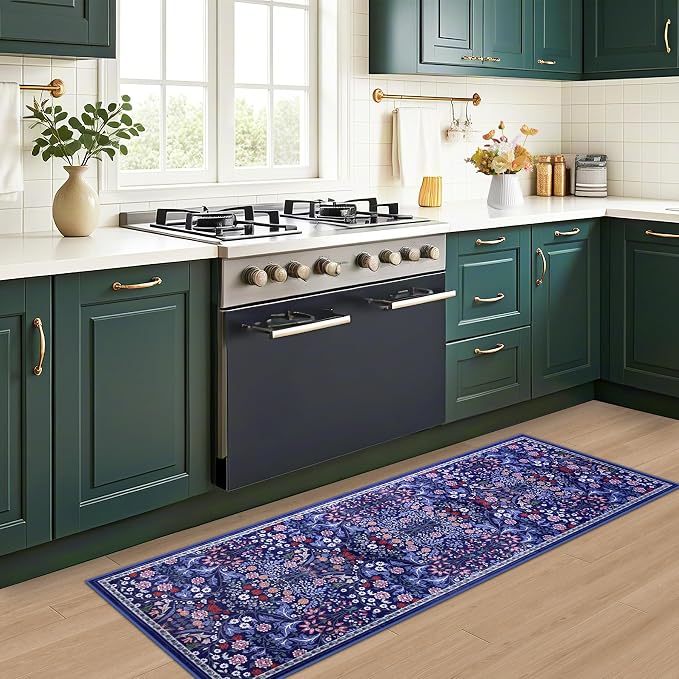 PLHXFR 2x6 Washable Runner Rug：Floral Indoor Kitchen Soft Carpet Blue | For Hallway Bedroom Kitchen Laundry Bathroom Dorm,Vintage Floral,Machine washable,Non Slip,Stain Resistant,Indoor Floor