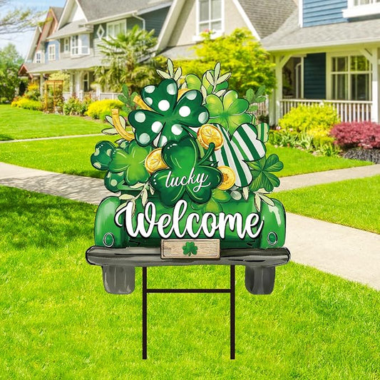 JarThenaAMCS St. Patrick' s Day Metal Garden Stake Welcome Yard Sign Green Shamrock Clover Truck Decorative Lawn Sign for Irish Holiday Home Outside Lawn Porch Walkway Pathway