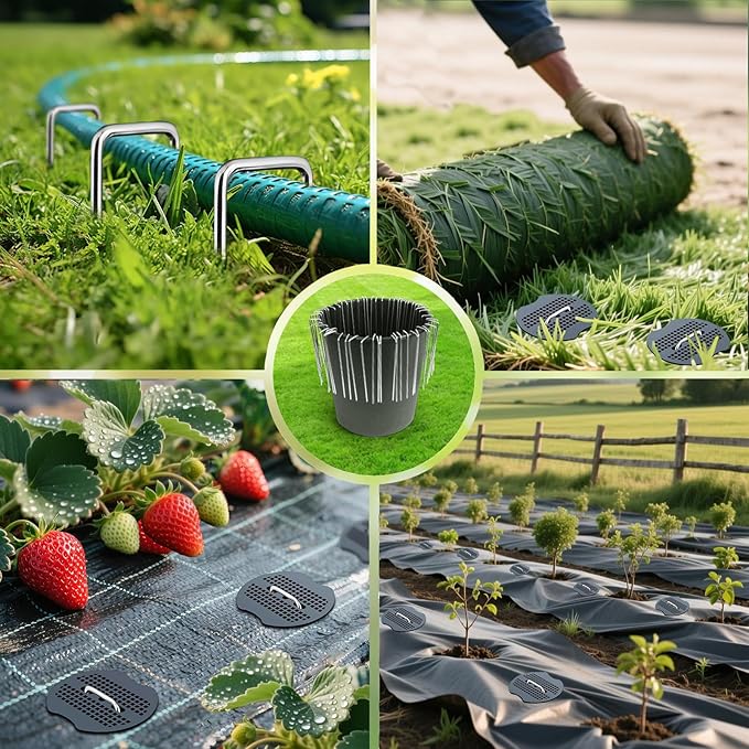 6 Inch Landscape Staples Set, 11 Gauge Galvanized U-Shaped Garden Stakes (50 Pack) with 50 Gaskets, Hook Tool & Rubber Mallet for Weed Fabric & Landscaping