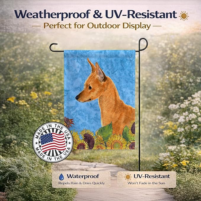 Caroline's Treasures SS4235GF Min Pin in Summer Flowers Garden Flag Mailbox Flag Decorative Yard Flag Banner Outside Patio Artwork Yard Flower Beds, Garden Size, Multicolor
