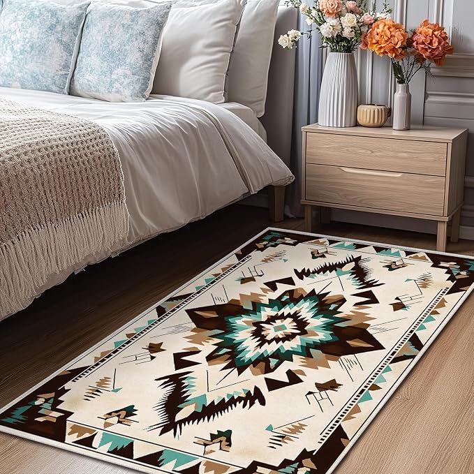 Western Area Rug for Living Room Abstract Geometric Diamond 3x5 Entryway Rug Southwestern Aztec Tribal Rugs Non Slip Low Pile Machine Washable Boho Brown Beige Floor Carpet Indoor Bedroom Dining Room