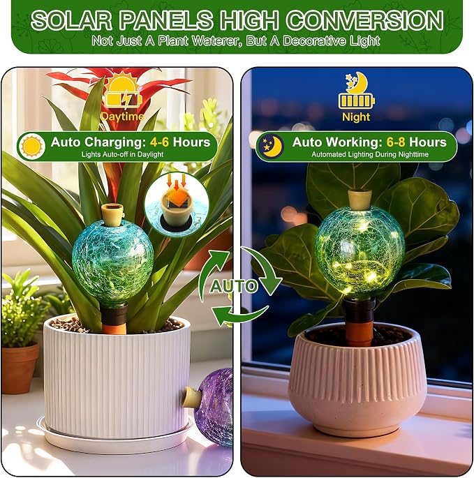 VOREEN Crackle Glass Plant Watering Globe with Terracotta Spike,Self-Watering Irrigation for Potted Plants, with Solar Accent Light for Indoor & Outdoor Décor, 17oz, Blue–Green Gradient
