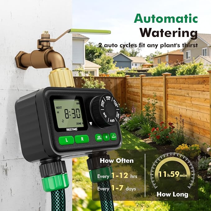RESTMO 2-Zone Programmable Sprinkler Timer for Outdoor Hose Faucet | Large dial, rain delay & 11h59m max run time with Brass Inlet, automatic irrigation for garden soaker hose & lawn watering