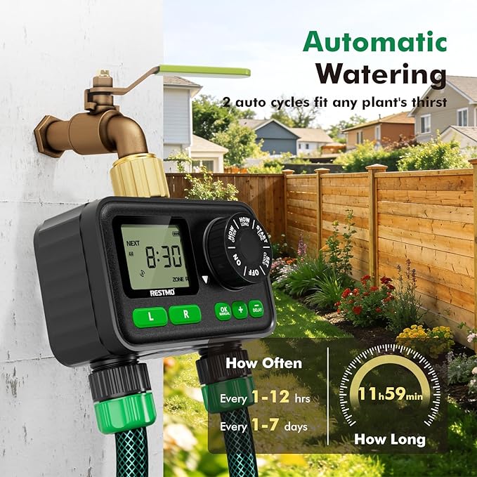 RESTMO Sprinkler Timer for Outdoor Hose Faucet 2 Pack, Max 11h59m Programmable Water Timer for Garden Soaker Hose, Misting with Brass Inlet & Large Dial, Rain Delay/Manual/Automatic Irrigation System