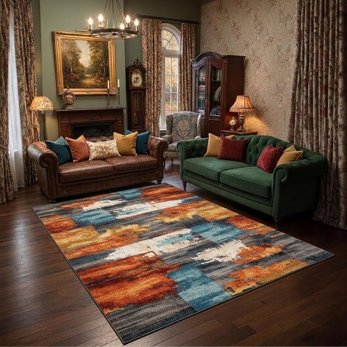 5x7 Burnt Orange and Teal Abstract Brushstroke Area Rug | Soft Low-Pile Machine-Washable Rug with Non-Slip Backing for Dining Rooms, Entryways and Reading Areas for Easy Everyday Care
