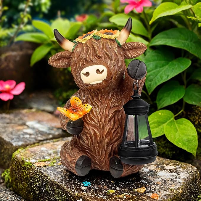 Solar Highland Cow Outdoor Statues for Garden,Outside Decor with Latern for Yard Lawn Ornaments Porch Patio Balcony Home,Birthday Easter Gifts for Grandma Mom Women