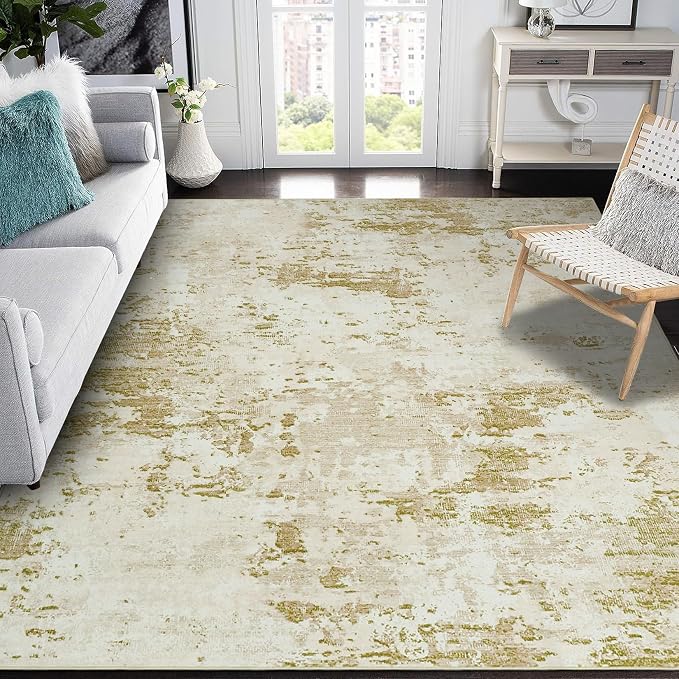 ROYHOME Modern Abstract Area Rug 8x10 Non Slip Non Shedding Rug Low Pile Stain Resistant for Bedroom Living Room,Golden Grey