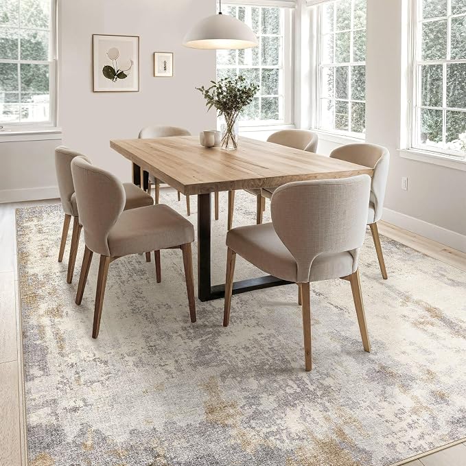 UERMEI 9x12 Area Rug Living Room Rugs - Washable Neutral Modern Abstract Soft Thin Rug Indoor Floor No Slip Rug Carpet for Bedroom Under Dining Table Home Office Decor - Light Brown/Gray