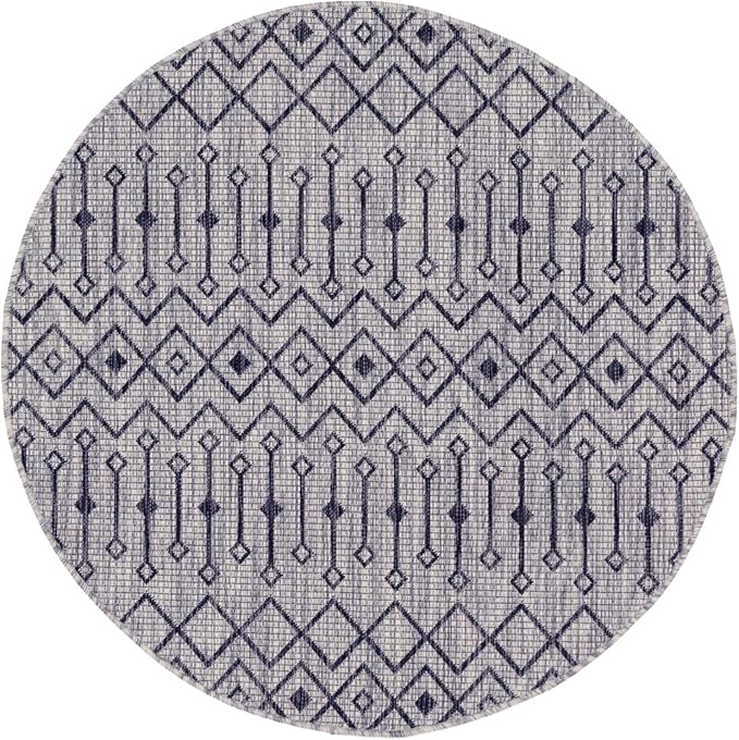 Unique Loom Outdoor Trellis Collection Area Rug - Tribal Trellis (5' 3" Round, Gray/ Black)