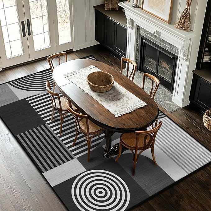 9x12 Area Rug for Living Room Grey Geometric Mid Century Modern Rug Machine Washable Black White Gray Minimalist Rugs Non Slip Low Pile Large Dining Room Indoor Floor Carpet for Bedroom Office