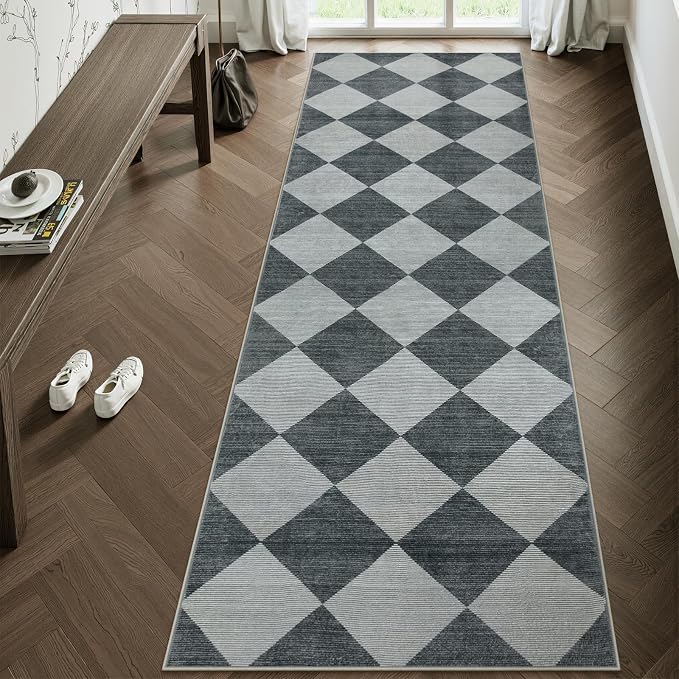 Beeiva Checkered Print Hallway Runner Rug 2.5x8, Ultra Thin Kitchen Runner Rugs Non Skid Washable 8ft, Moroccan Plaid Design Floor Carpet for Entryway Bedroom Bedroom, Gingham Geometric Home Decor