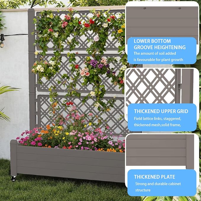 Vixzen 64" Tall Raised Garden Bed,Outdoor Large Resin Planter Box with Trellis and Drain Plug for Climbing Plants,Easy to Assemble,Water Monitor,Mobility(Light Brown, 43.43"×18.27"×64.29")