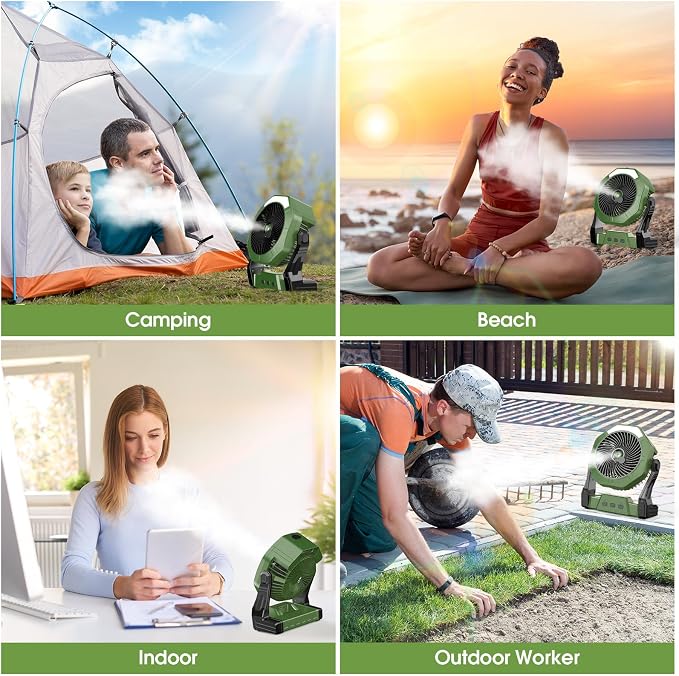 Ausic Portable Misting Camping Fans, [Max 35H Runtime] Outdoor Cooling Fan for Patios, 8 Inch Battery Operated Rechargeable Fans, Water Spray Fan with LED Light, Travel Beach Camp Essential