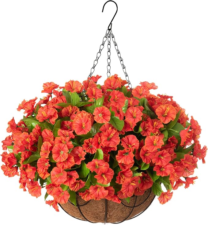 Ammyoo Artificial Hanging Flower Plants with Basket for Summer Fall Outdoor Decoration, Faux Petunias Flowers Fake Morning Glories in Basket for Outside Patio Garden Porch Balcony Yard Decor(Orange)