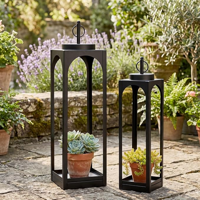 MATAHUM 24" 19" Large Lanterns Decorative Outdoor Indoor, 2 Pcs Black Metal Floor Candle Lanterns with Candle, Farmhouse Lantern Decor Outdoor Lanterns for Front Porch, Fireplace Mantel, Patio, Garden