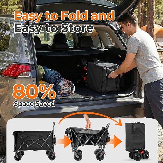 Collapsible Wagon with Tailgate, 55" Expandable 300L All-Terrain | 500 Lbs Heavy Duty, Utility Folding Wagon, 7"×4" Wheels, 360° Swivel & Brakes, Long Item Storage,Beach, Camping, Gardening