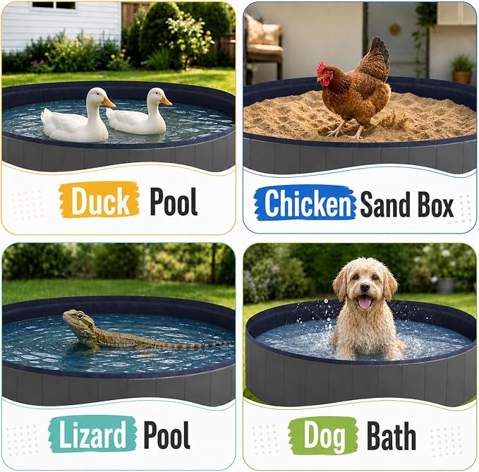 Foldable Duck Pool: Portable Hard Shell Duck Pond for Ducks Dogs Cats 39.4x11.8 Inch Collapsible Pet Bath Tub Indoor Outdoor Use (Gray and Dark Blue, 100in*30in)