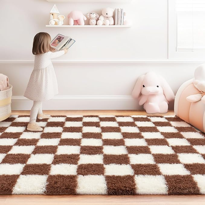 Checkered Rugs for Bedroom, Ultra Fluffy Fuzzy Shag Area Rug for Living Room 5x7, Modern Plush Soft Upgrade Non-Slip Carpet for Kid Girls and Boys Room Dorm Nursery Home Decor, Cream and Coffee