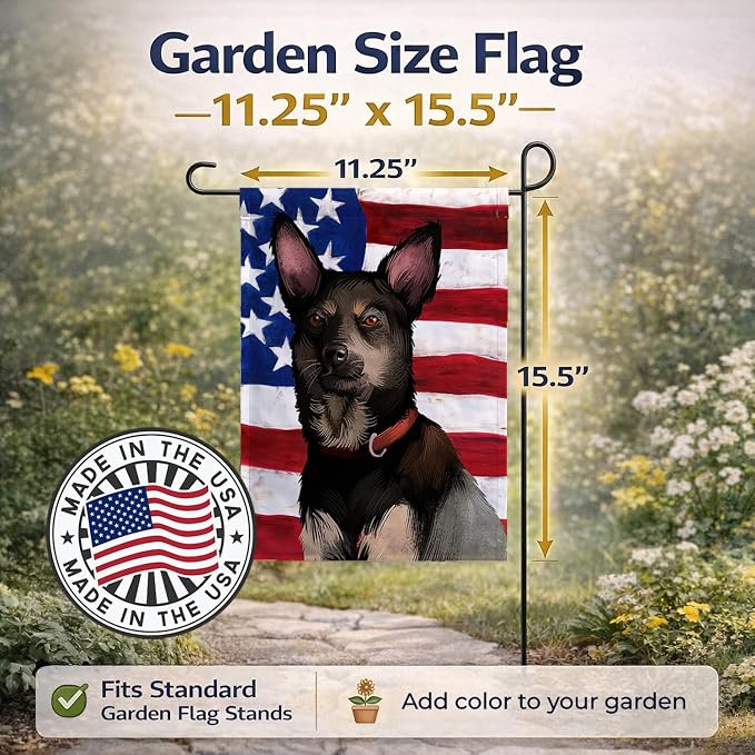 Caroline's Treasures CK6411GF Australian Kelpie American Flag Garden Flag Mailbox Flag Decorative Yard Flag Banner Outside Patio Artwork Yard Flower Beds, Garden Size, Multicolor