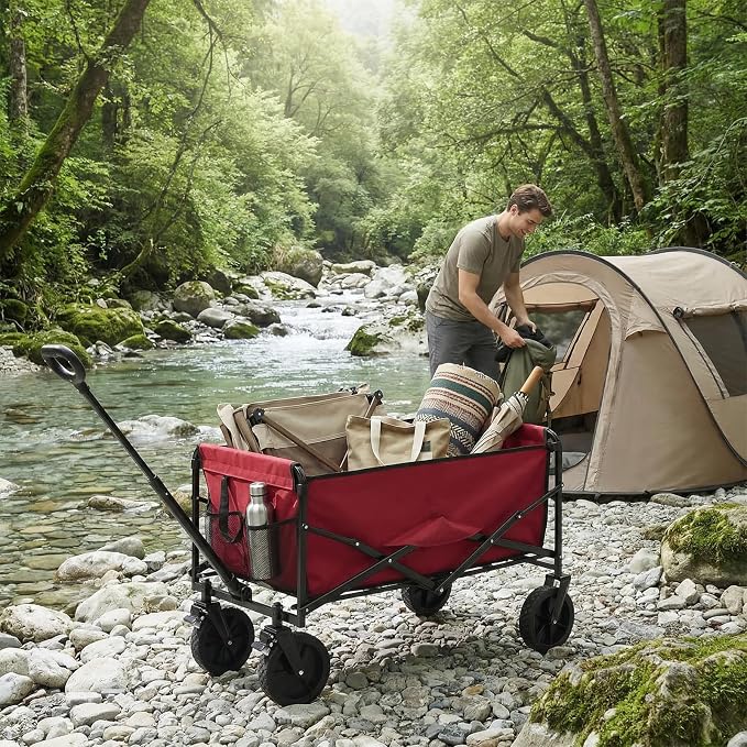 OLIXIS Collapsible Wagon 102L Standard Heavy Duty Utility Folding Wagon Cart with Lockable Brake Wheels – 330 lbs Weight Capacity, Flexible Handle for Beach, Grocery, Camping, Sports & Garden, Red