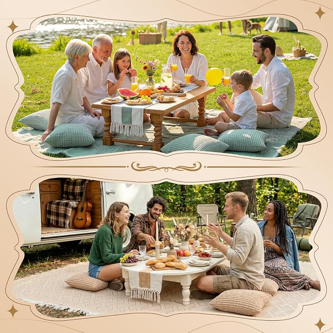 Extra Large Outdoor Rug Boho Picnic Blanket with Low Table Runner and 6 Throw Pillows Covers Set Wedding Party Decoration Photoshoot Home Garden Party Decor Patio Lawn Mat Beach Party theme Supplies