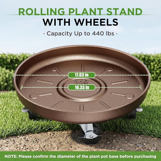 Plant Saucer 17" Rolling Plant Caddy Rolling Plant Stand with Wheels – Heavy Duty Metal, Locking, Sturdy, Rust-Resistant Finish, and Easy to Move, 440 lb Capacity