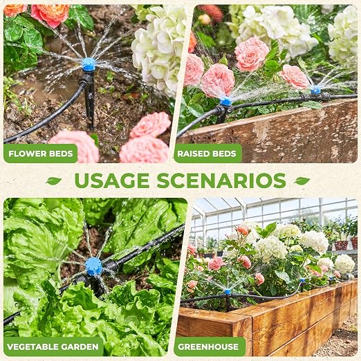 HIRALIY 50FT Drip Irrigation System Kit, Quick-Connect Garden Watering System with 10FT Main Hose and 40FT 1/4" Tubing, Adjustable Drippers for Patio Pots, Container Gardens & Small Raised Beds
