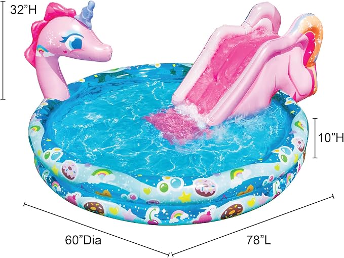 BANZAI Spray 'N Splash Unicorn Pool, Length: 78 in, Width: 60 in, Height: 32 in, Inflatable Outdoor Backyard Water Slide Splash Toy
