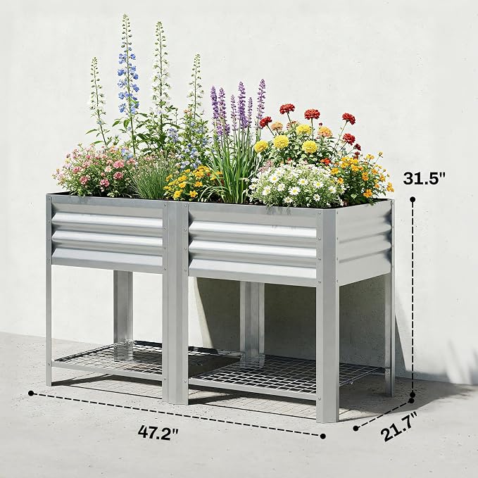 Outsunny Galvanized Steel Raised Garden Bed with Storage Shelf and Bed Liner, Elevated Planter Box with Legs for Flowers, Vegetables, and Herbs, for Outdoor Patio Yard, Glove Included, Silver