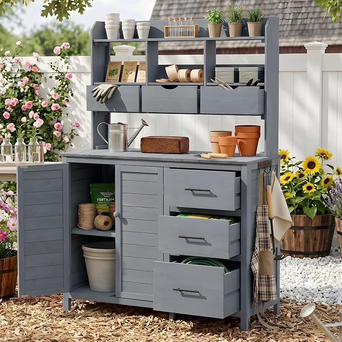 Merax Farmhouse Potting Bench with 6 Drawers, 44.6” Large Garden Workstation, Outdoor Kitchen Island with Bottom Cabinet & Hooks, Freestanding Patio Furniture,Gray