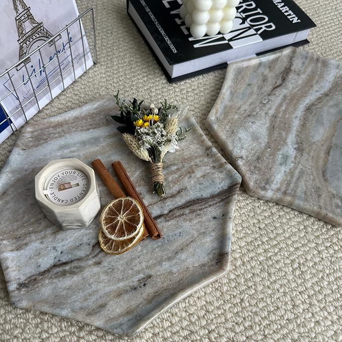 Real Natural Marble Octagon Tray 10.2in Solid Stone Decorative Plate | Luxury Grey Marble Decor Tray for Candle, Jewelry, Plant. Food-Safe Solid Stone Serving Dish with Unique Veining
