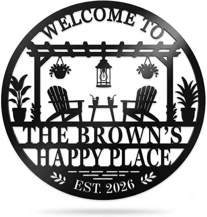 Personalized Happy Place Metal Sign, Custom Patio Sign for Outdoor Wall Decor, Oasis Sign for Porch Backyard Garden Pool House, Round Metal Sign, Housewarming Gift
