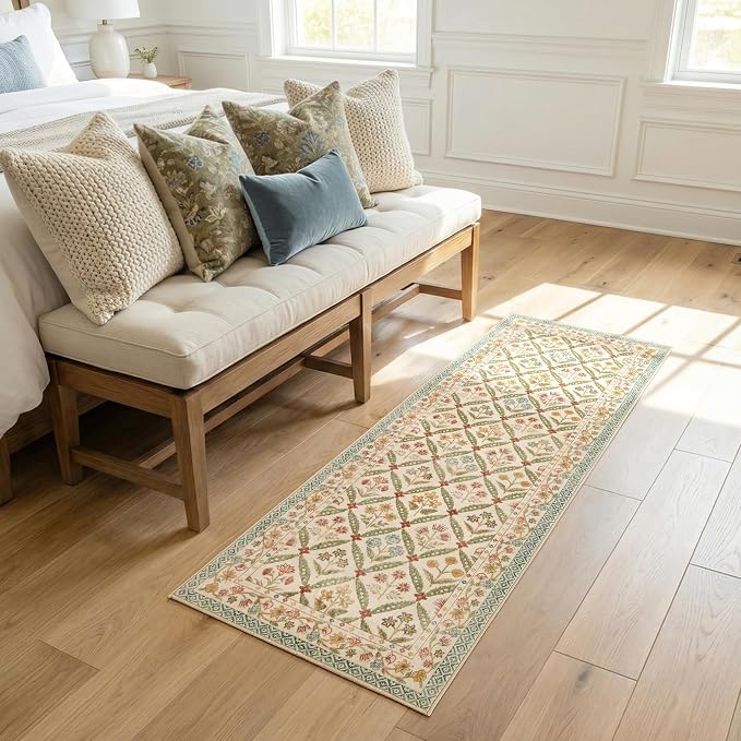 jinchan Runner Rug 2x5 Vintage Floral Washable Hallway Area Rug, Teal Blue | Soft & Lightweight, Checkered Floral, Low Pile, Non Slip, Entryway, Kitchen, Bedside, Laundry Room, Cottage Decor