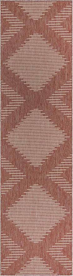 Unique Loom Outdoor Modern Collection Area Rug - Tambor (3' 3" x 12' Runner, Rust Red/ Ivory)