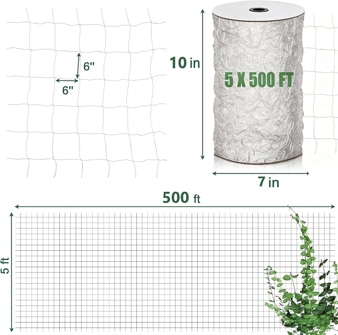 Nylon Trellis Netting Roll 5 x 500 ft, Oltara Heavy Duty Garden Netting with 6 Inch Soft Mesh, Plant Support Mesh for Climbing Plants, Vegetables, Fruits, Cucumbers, Peas, Tomatoes