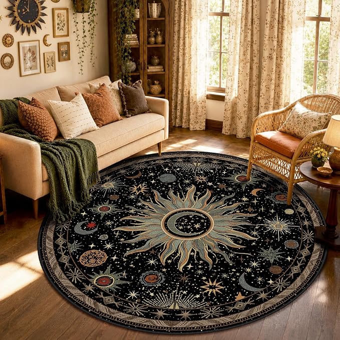 Vacuum-Friendly, Round 6ft Washable Area Rug, Black Green Beige | Sun and Moon Boho Gothic Non-Slip Low Pile Living Roon Bedroom Dining Room Kitchen Entry Entryway Entrance Hallway Doormat