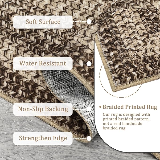RUGSREAL Large Bedroom Rug 6x9 Washable Braided Print Living Room Rugs | Non Slip Low Pile Farmhouse Rustic Carpet Geometric Bordered Braided Carpet for Nursery Kitchen Home Office, Camel