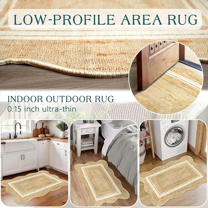 Front Door Rug - 2x3 Jute-Look Doormat Indoor Outdoor Entrance | Washable Non-Slip Door Mat Farmhouse Scalloped Small Throw Rugs for Entryway Bedroom Kitchen Mat for Floor Front Porch Decor