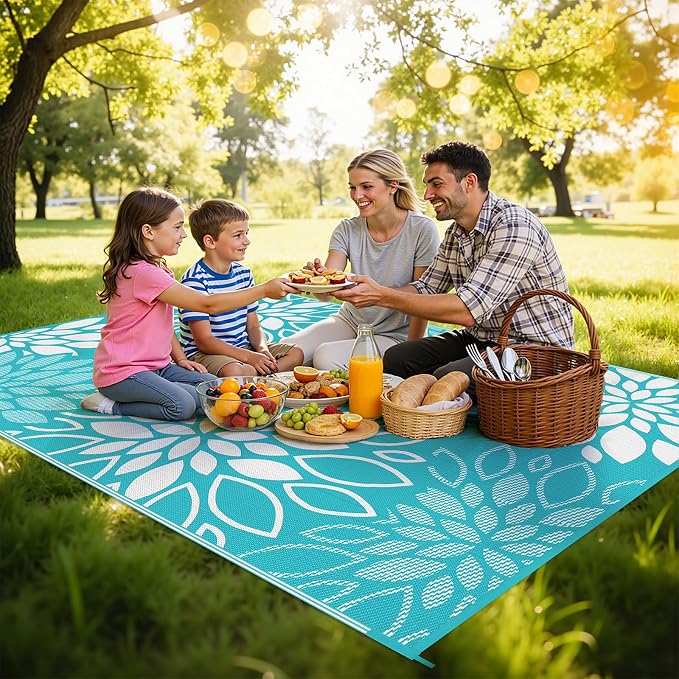 HEBE Waterproof Outdoor Rug 5x8 for Patios, Floral Reversible Plastic Straw Rug Patio Mat, Indoor Outdoor Carpet RV Mat Camping Rug for Deck, Camper, Porch, Balcony, Backyard, Picnic