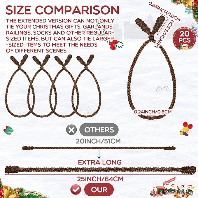 Zhengmy 20 Pcs 25 Inch Extra Long Christmas Garland Ties Christmas Decorative Twist Ties for Banister Reusable Flexible Twist for Holiday Xmas Home Decorations Craft Wrapping (Brown)